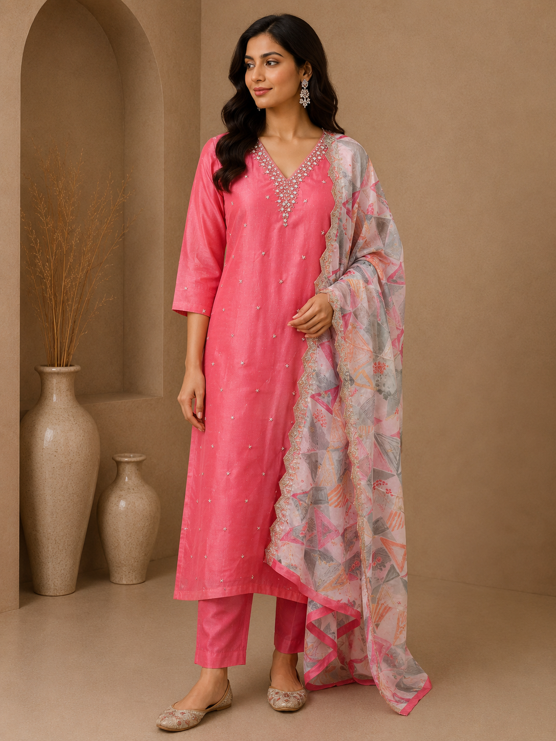 Premium Silk Straight Suit Set with Embellished V-Neck & Printed Organza Dupatta – Blush Pink